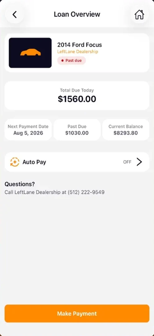 LeftLane Customer on iPhone: loan overview with balance and next payment