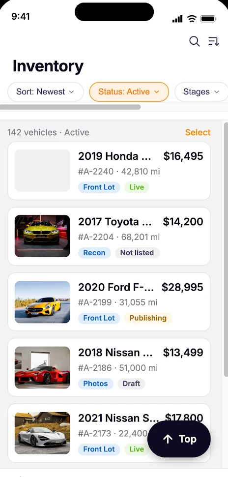 LeftLane Dealer on Android: active inventory with listing status