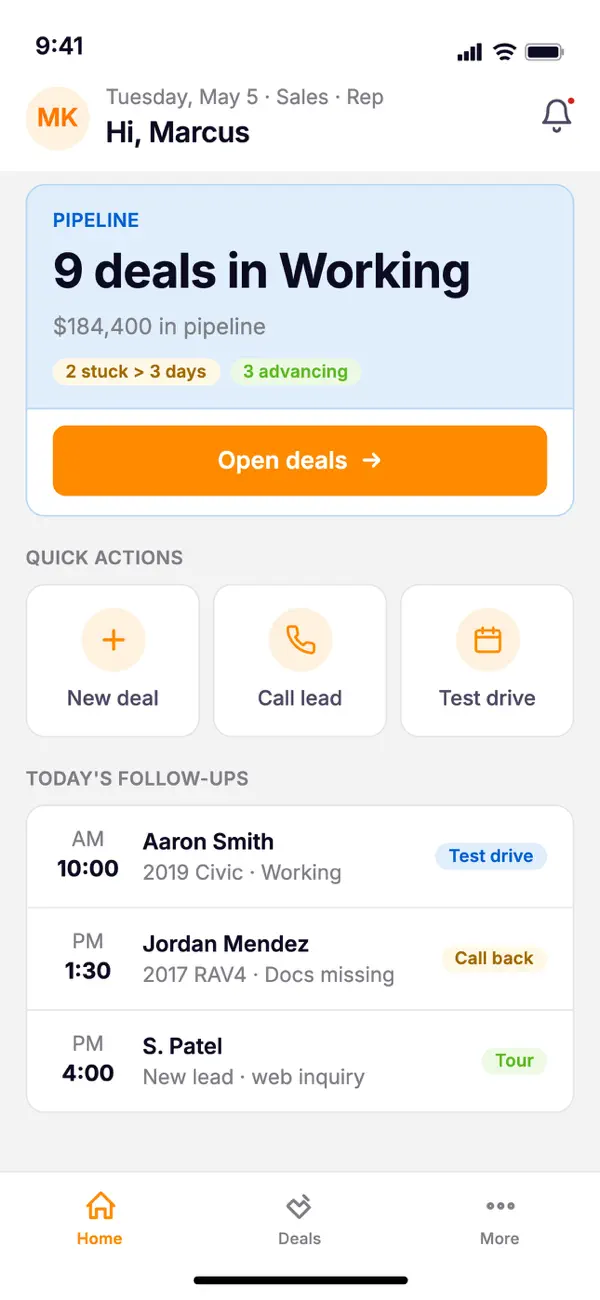 LeftLane Dealer on iPhone: the deal pipeline and today’s follow-ups